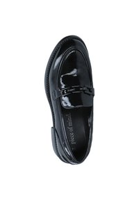 Black patent leather shoe with a rounded toe, slip-on design, and a decorative strap across the front featuring a linked accent.