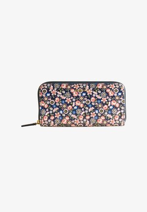 Portofel dreptunghiular cu fermoar, de dimensiuni compacte, având un model floral dens în culoare roz, albastru și alb pe un fundal închis.