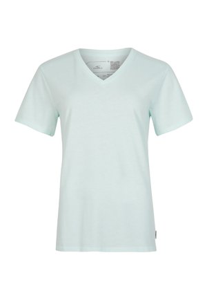 Licht muntgroene V-hals T-shirt in zachte, gladde stof met korte mouwen. Heeft een subtiele label aan de onderzijde.