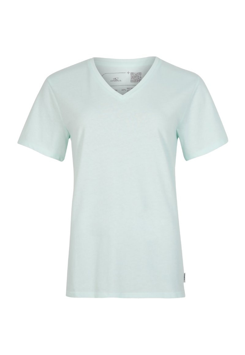 Lys mintgrøn V-udskærings T-shirt i blødt, glat stof med korte ærmer. Har et diskret mærke på den nederste side.