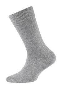 Calzino di cotone grigio con polsino a coste, texture liscia e punta affusolata. Presenta un design senza cuciture e sobrio per il massimo comfort.
