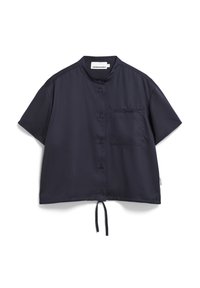 Marineblaues kurzärmliges Hemd mit Stehkragen, vorderem Knopfverschluss, einer Brusttasche und verstellbarem Kordelzug am Saum.