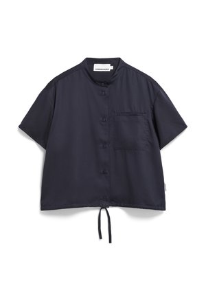 Marineblauwe shirt met korte mouwen en een mandarinokraag, met een knoopsluiting aan de voorkant, een borstzak en een verstelbare strik aan de zoom.