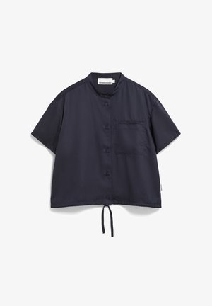 Marineblauwe shirt met korte mouwen en een mandarinokraag, met een knoopsluiting aan de voorkant, een borstzak en een verstelbare strik aan de zoom.