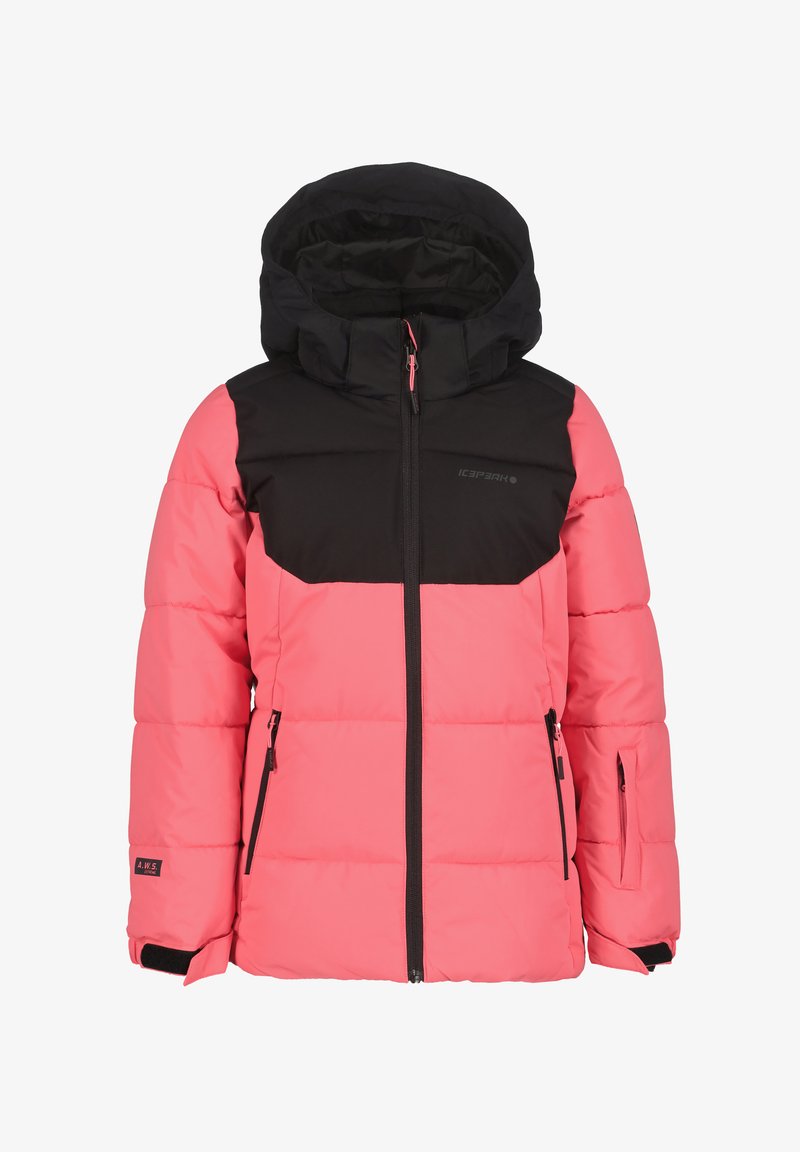 Børns puffjakke med sort hætte og yoke, koralfarvet krop og ærmer, frontlynlås og to lynlåslommer.