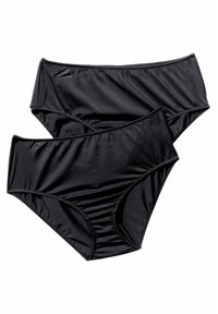 Černý bikiny set skládající se ze dvou kusů. Vyrobeno z hladké látky s elastickým pasem, obsahuje na bocích detail v podobě nařasení.
