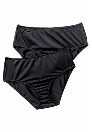 Set di bikini nero composto da due pezzi. Realizzato in tessuto liscio con una vita elastica, presenta dettagli arricciati sui lati.
