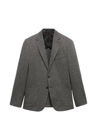 Grau gemusterter Blazer aus strukturiertem Stoff, mit Reverskragen, zwei Fronttaschen und einem einzelnen Knopfverschluss.