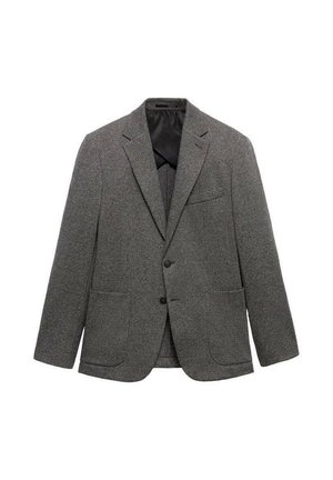 Blazer grigio a motivo realizzato in tessuto strutturato, con rever a punta, due tasche frontali e chiusura con un solo bottone.