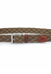 Cintura intrecciata marrone con accenti color crema, dotata di una fibbia in metallo argentato e di un anello e un'etichetta in pelle marrone. Design testurizzato e flessibile.