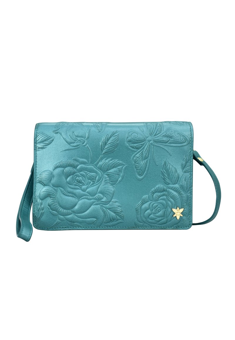 Teal portemonnee met een reliëfontwerp van bloemen en vlinders. Inclusief een polsbandje en gouden accentbloemdetail. Glad aanvoelend.