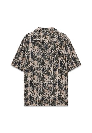 Korte mouwen overhemd met knopen, met een patroon van donkergroene en beige palmbomen en een puntige kraag.