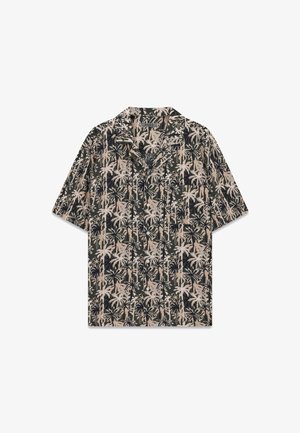 Korte mouwen overhemd met knopen, met een patroon van donkergroene en beige palmbomen en een puntige kraag.
