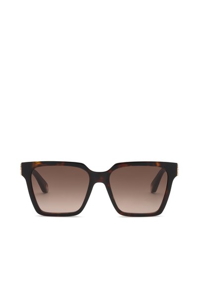 Lunettes de soleil carrées avec monture écaille foncée et verres dégradés marron, présentées sur fond blanc.