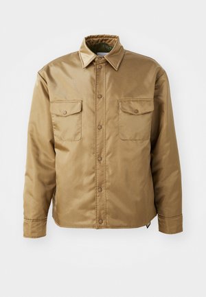 Brown, long-sleeve jacket with a button-up front, two chest pockets, and a collared neck. Made of smooth, lightweight material.