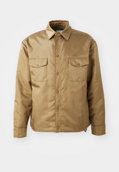 Brown, long-sleeve jacket with a button-up front, two chest pockets, and a collared neck. Made of smooth, lightweight material.