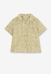 Kurzarmhemd in blassgelb mit welligem weißen und grünen Muster, Knopfleiste und Kragen; enthält eine kleine Brusttasche.