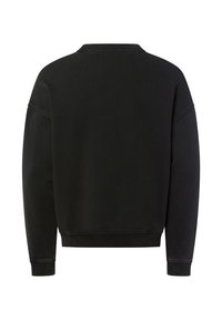 Felpa nera con collo rotondo, spalle cadenti, polsini a coste e una texture morbida. La vista da dietro mostra un design semplice e pulito.