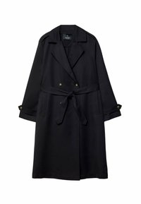 Schwarzer Trenchcoat aus glattem Stoff, mit doppelter Knopfleiste, großen Revers, einem Bindegürtel und knöpfbaren Manschetten.