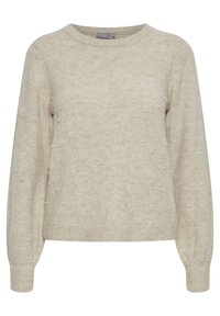 Beige neule, joka on valmistettu neuloksesta ja jossa on pieniä koristehelmiä ripoteltuna etuosaan, klassinen pyöreä kaula-aukko ja resorikaulukset.