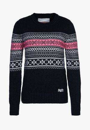 Pull en maille bleu marine avec bandes à motif nordique blanc et rose sur la poitrine et les manches, poignets et ourlet côtelés, logo SuperDry sur le devant en bas.