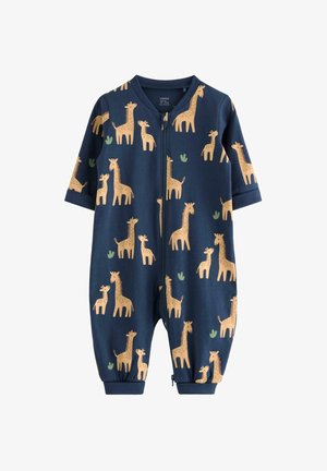 Marineblå babyheldragt med lange ærmer, frontlynlås og beige giraf- og grønne planteprint over hele stoffet.