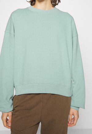 Osoba nosząca jasnoniebieską, oversizeową bluzę z długimi rękawami i brązowe spodnie, pokazana od szyi do połowy uda na jednolitym tle.