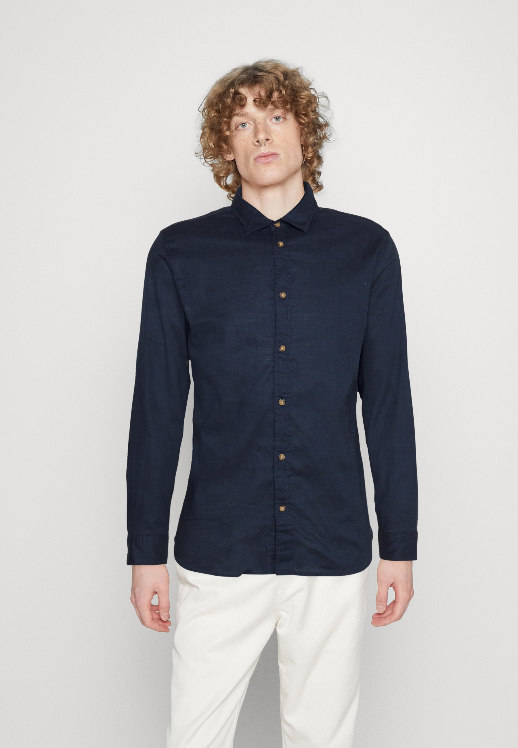 Camicia Uomo JACK & JONES Jjslub-Maglietta LS, A Maniche Lunghe, Chiusura Con Bottoni, Orlo Dritto