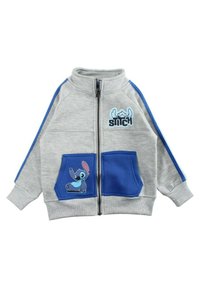 Veste grise à fermeture éclair avec accents bleus, comprenant deux poches avant, et un motif imprimé d'un personnage sur la poche gauche et la poitrine.