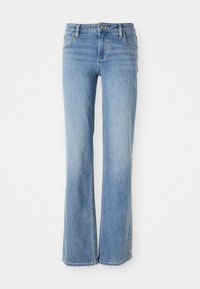 Light blue denim flared jeans with a mid-rise waist, five pockets, and subtle fading. Features a zip fly and button closure.