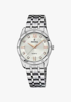 Montre à quartz Festina avec un bracelet en métal argenté, un cadran rond argenté avec des accents en or rose, et des marqueurs en cristal aux positions des heures.