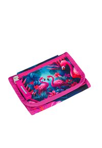 Portafoglio rosa con un design tropicale di fenicottero, caratterizzato da colori vivaci, un compartimento con zip e un esterno in tessuto resistente.