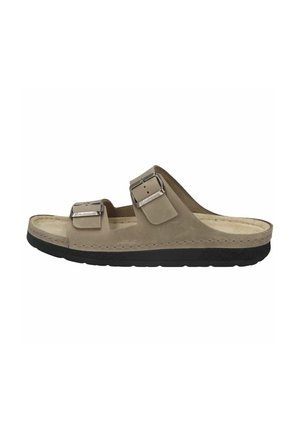 Beige open-toe slide sandal with two adjustable metal buckles and black sole, designed for casual wear and comfort.
