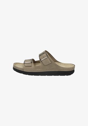 Beige offene Sandale mit zwei verstellbaren Metallverschlüssen und schwarzer Sohle, entworfen für legere Trageweise und Komfort.