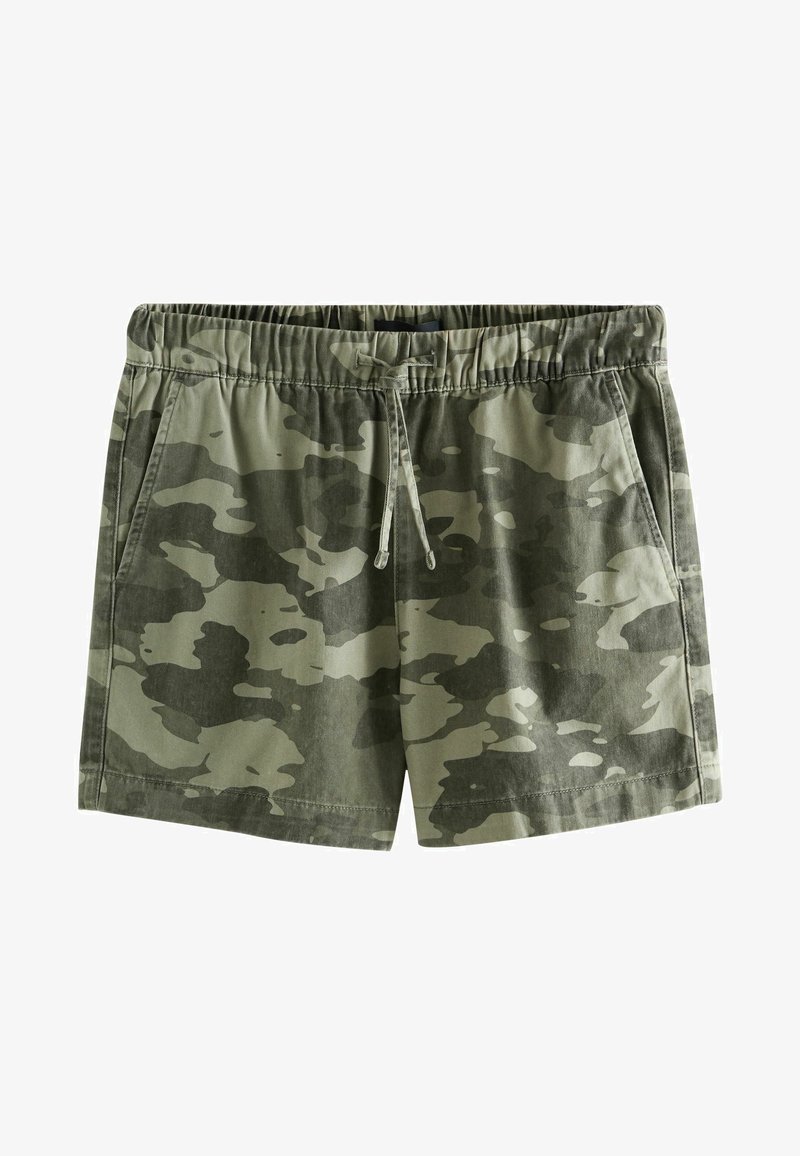 Vihreät camouflage-shortsit, joissa on joustava vyötärö, nyöri ja sivutaskut; valmistettu pehmeästä, teksturoidusta kankaasta.