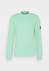 Mintgrünes Langarmshirt mit gerippter Textur, Rundhalsausschnitt und einem schwarzen Logo-Patch auf dem linken Ärmel. Glatter Stoff, figurnaher Schnitt.