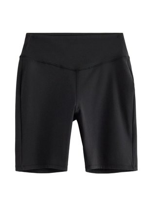 Sorte high-waist biker shorts med flade sømme og et glat, elastisk stof, designet til atletisk eller afslappet brug.