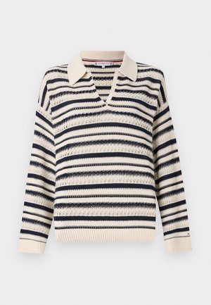 Striped knit pullover sweater in cream, navy, and blue. Features a V-neck, collar, and ribbed cuffs. Textured pattern with openwork details.