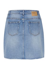 Denim mini skirt in light blue with a raw hem, back pockets, and a tan leather label on the waistband. Classic five-pocket design.
