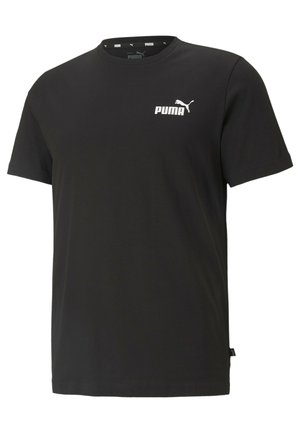T-shirt in cotone nero con maniche corte, scollo rotondo e logo Puma bianco sul lato sinistro del petto. Texture liscia, design casual.