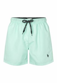 Világos menta zöld fürdőnadrág, elasztikus derékpánttal, fekete húzózsinórral és kis fekete logóval. Simaságú anyag, térd felett végződik.