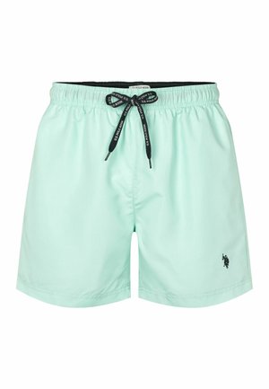 Ljust myntagröna simshorts med elastisk midja, svart dragsko och liten svart logotyp. Slät tygkvalitet, över knä-längd.