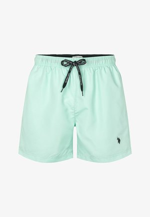 Jasno miętowe kąpielówki z elastycznym pasem, czarnym sznurkiem i małym czarnym logotypem. Gładki materiał, długość do kolan.