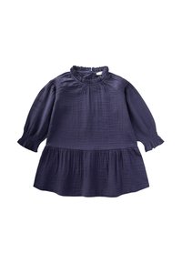 Tumesinine pikakäiselise beebi kleit, millel on kogutud roosakaelus ja alläär ning elastsed varrukasäärised, valmistatud tekstuurse kerge kangaga.