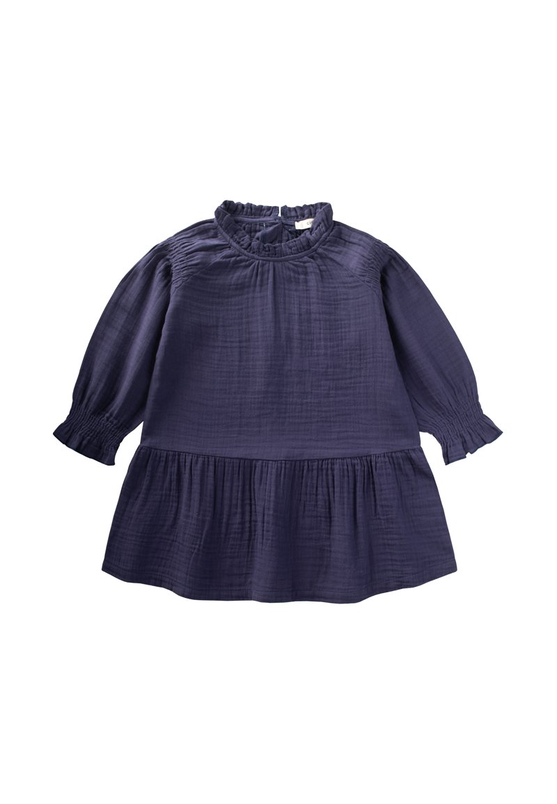 Tumesinine pikakäiselise beebi kleit, millel on kogutud roosakaelus ja alläär ning elastsed varrukasäärised, valmistatud tekstuurse kerge kangaga.