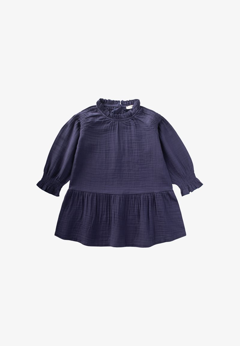 Tumesinine pikakäiselise beebi kleit, millel on kogutud roosakaelus ja alläär ning elastsed varrukasäärised, valmistatud tekstuurse kerge kangaga.