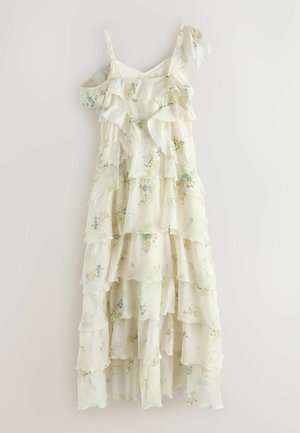 Krémové vrstvené šaty s kvetinovou potlačou, volánovými vrstvami, jedným ramienkom a jedným tenkým ramienkom, midi dĺžka, ľahká tkanina.