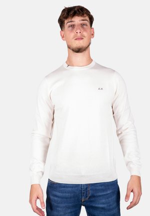 Maglione leggero beige chiaro a maniche lunghe con scollatura rotonda, realizzato in tessuto morbido. Presenta un piccolo logo nero sul petto e polsini a coste.