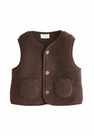 Hnedý fleece vest s okrúhlym výstrihom, dvoma prednými našitými vreckami a hnedými gombíkovými zapínaniami, s jemným, textúrovaným povrchom.