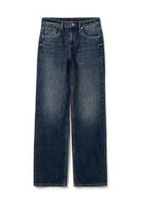 Jeans in denim blu con taglio dritto, vita media, due tasche frontali e una finitura sbiadita con un leggero effetto gradiente.